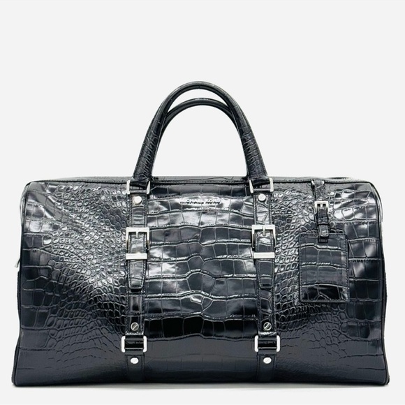 Michael Kors Bedford Travel Weekender Crocodile Embossed Leather Bag Black